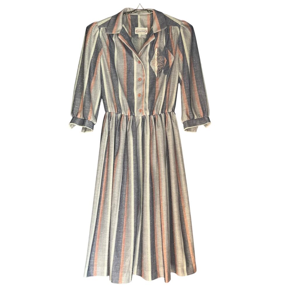 Vintage 70s Retro Rockabilly Dress Size Medium Pink Gray Stripe Day Fit & Flare